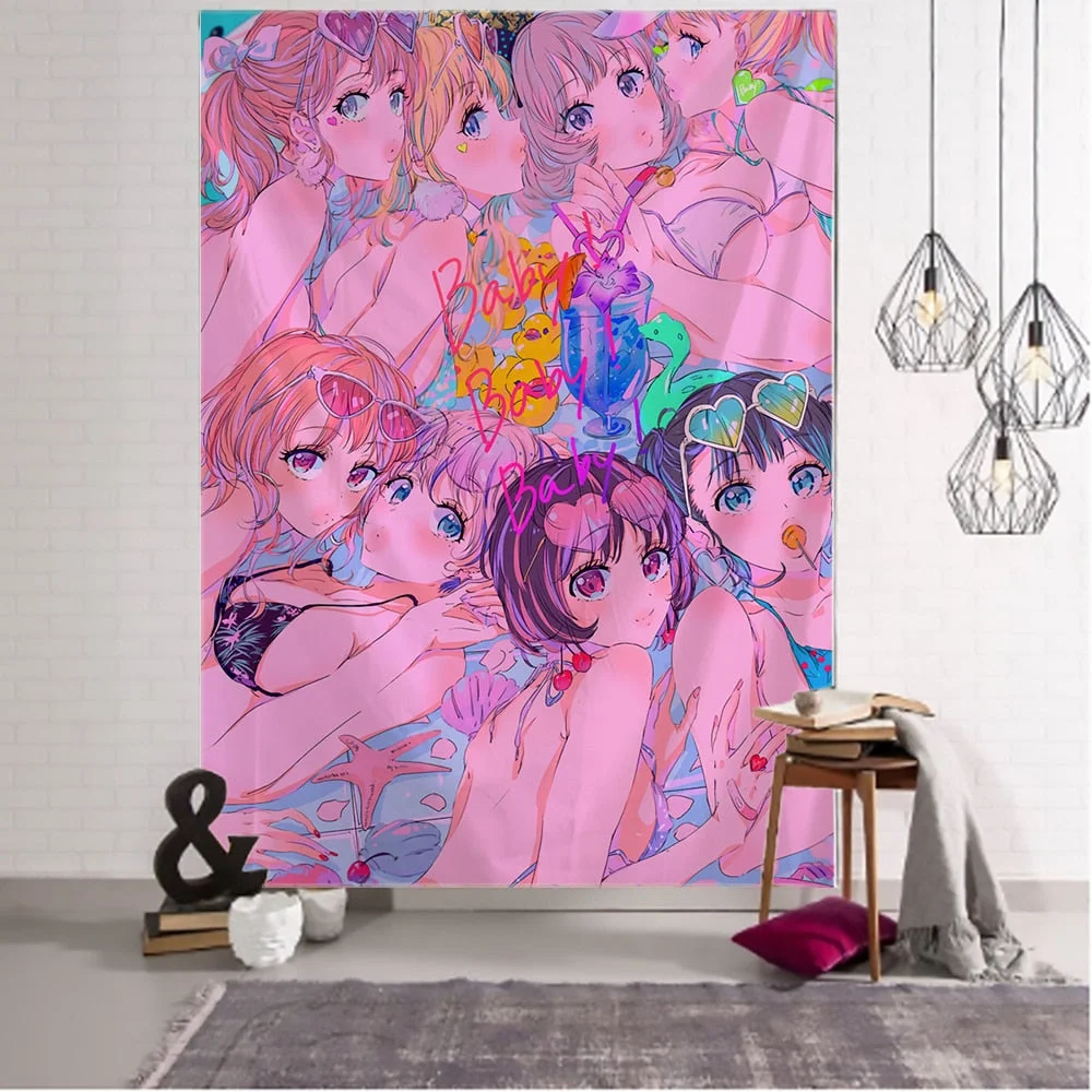 Kawaii Anime Girl Tapestry Wall Hanging Pink Cute Boho Style Psychedelic Hippie Background Home Decor