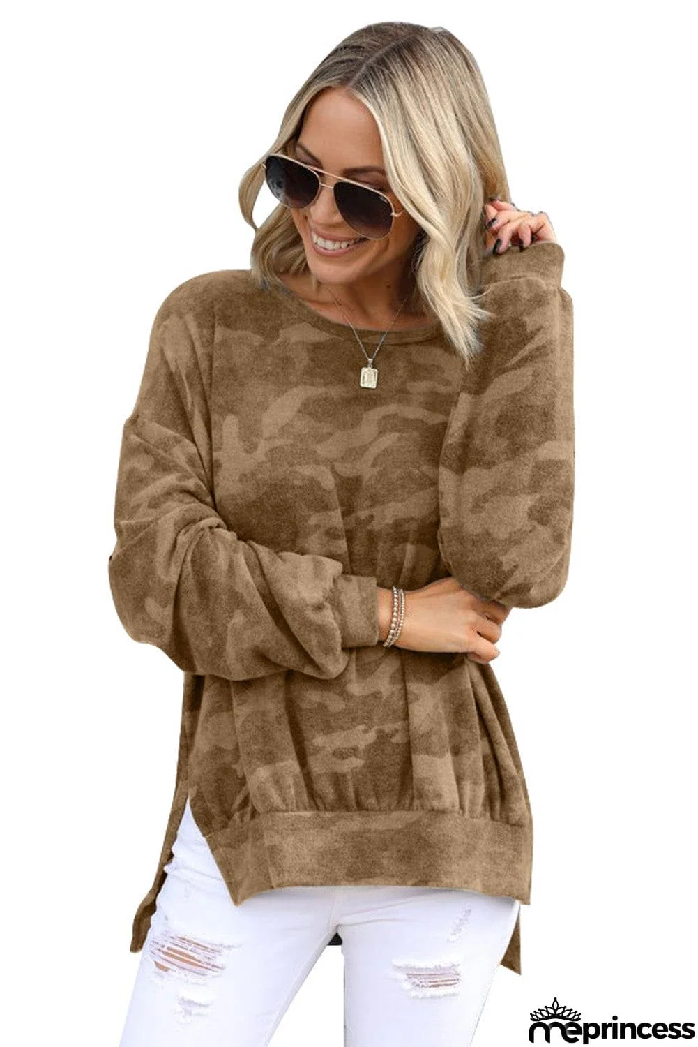 High-low Edge Camo Print Sweatshirt