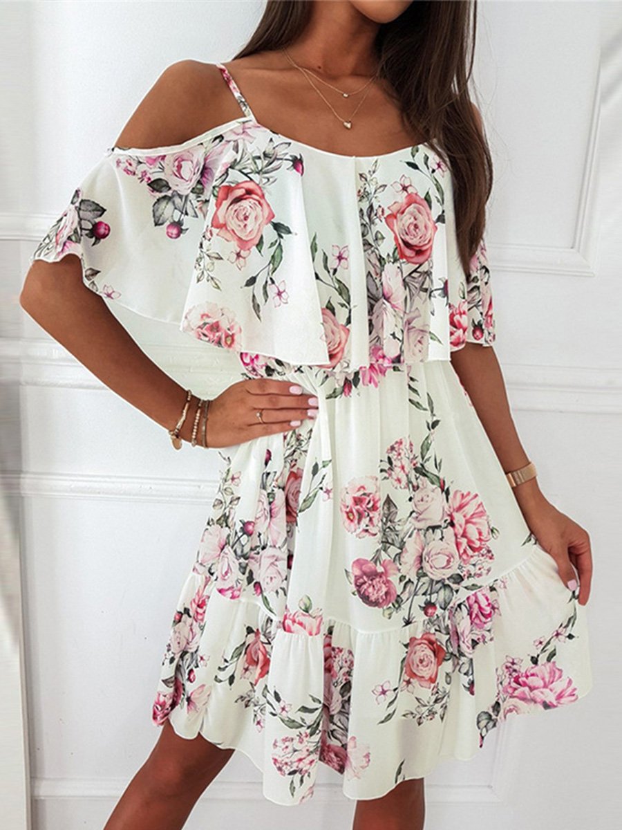 Spring And Summer Chiffon Printed Strapless Off-Shoulder Sexy Dress