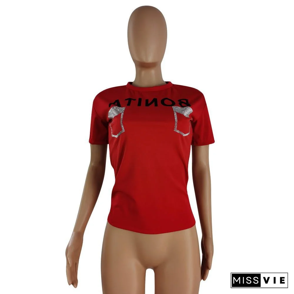 Hot Drilling Short Sleeve O Neck Casual T Shirt