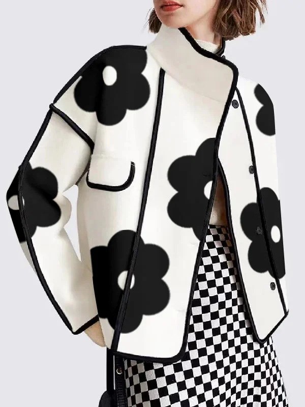 Long Sleeves Loose Contrast Color Flower Print Split-Joint Stand Collar Jackets Outerwear Woolen Coat