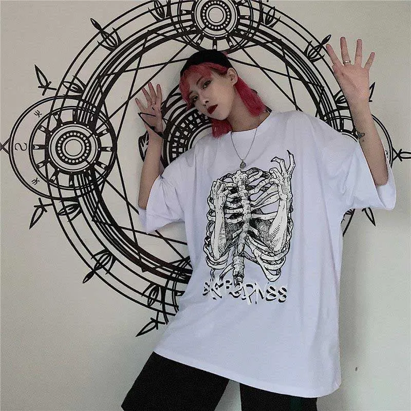 NiceMix Harajuku summer streetwear Women's Clothing Couple korean loose tees skull letter print Women tops casual short sleeve t
