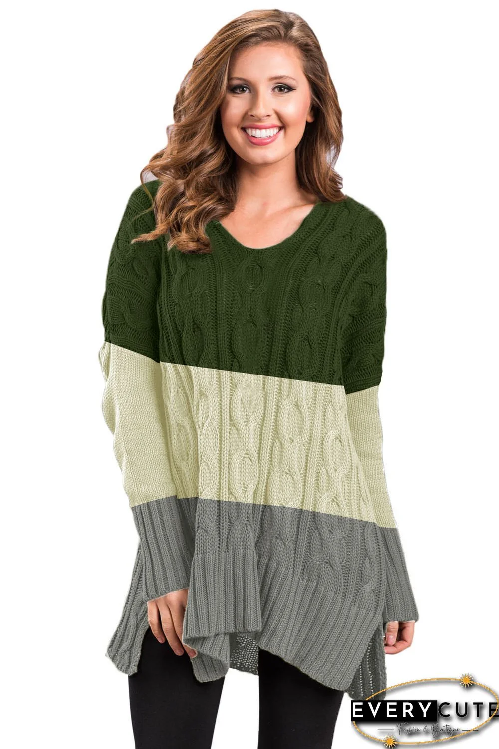 Green Colorblock Cable Knit Sweater with Slits