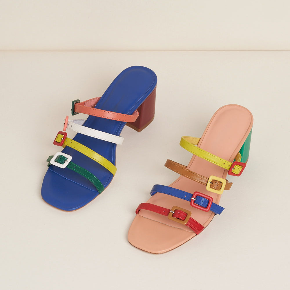Multicolor Vegan Leather Round Toe Block Heel Strappy Slippers Nicepairs