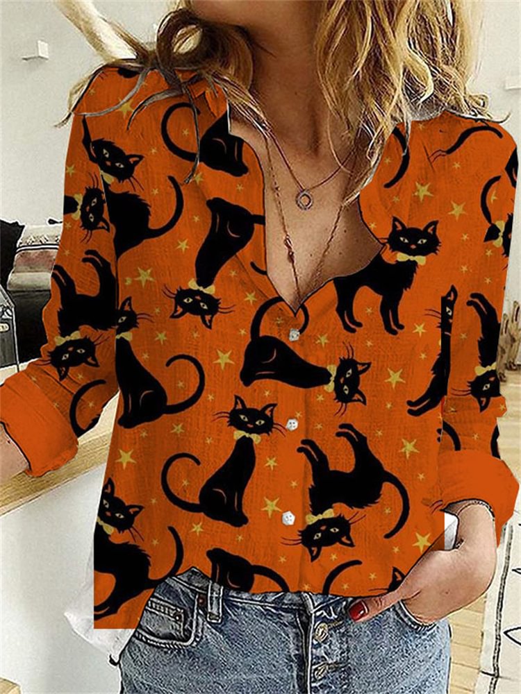 Halloween Cats Contrast Color Casual Blouse