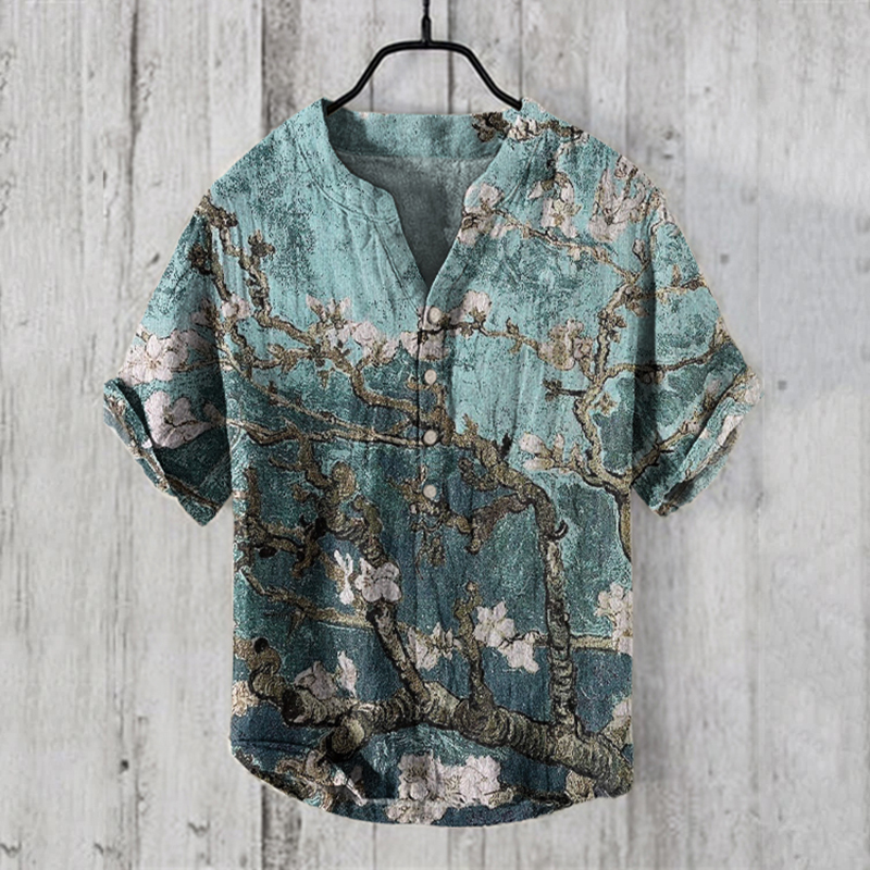 Men's Retro Japanese Apricot Blossom Art Pattern Linen Shirt  artssus