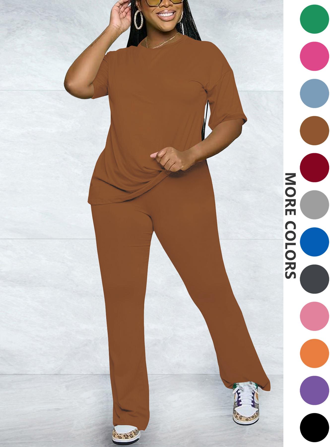 Women's Solid Round Neck Drop Shoulder Fitted Tee & Pants Two-piece Set, Casual Basic Fashion Cozy Half Sleeve T-shirt & Trousers for Daily Outdoor Wear, Women's Clothing for Fall, Casual Loungewear Set Women's Solid Round Neck Drop Shoulder Fitted Tee & Pants Two-piece Set, Casual Basic Fashion Cozy Half Sleeve T-shirt & Trousers for Daily Outdoor Wear, Women's Clothing for Fall, Casual Loungewear Set