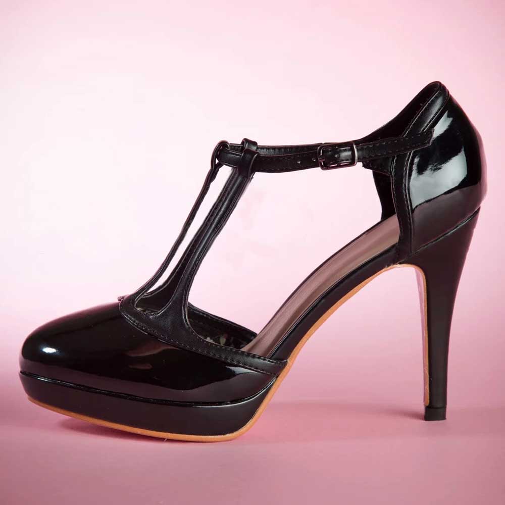Black Round Toe 4'' Stiletto Heel Buckled Ankle Strap Platform Pumps Nicepairs