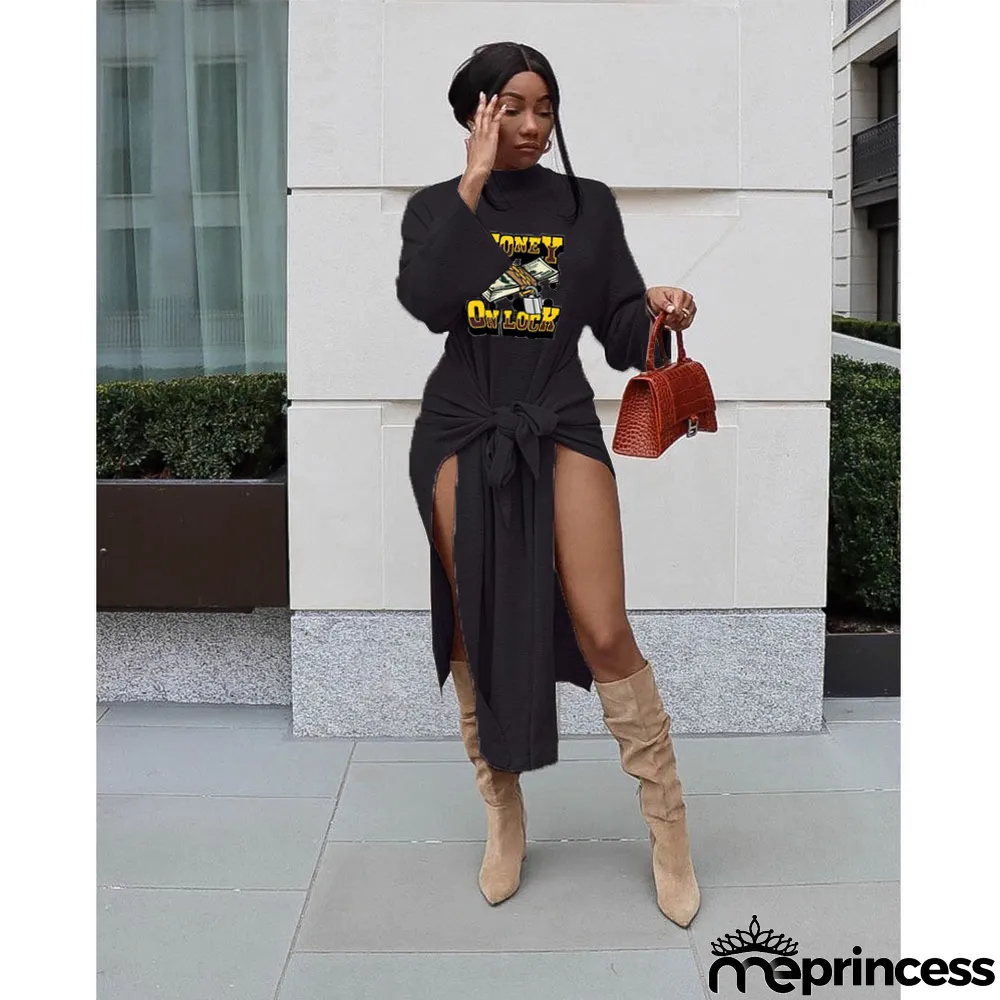 Print Ethnic Pullover Chic Career Half Ribbed Mid-Rise Lace-Up Dress