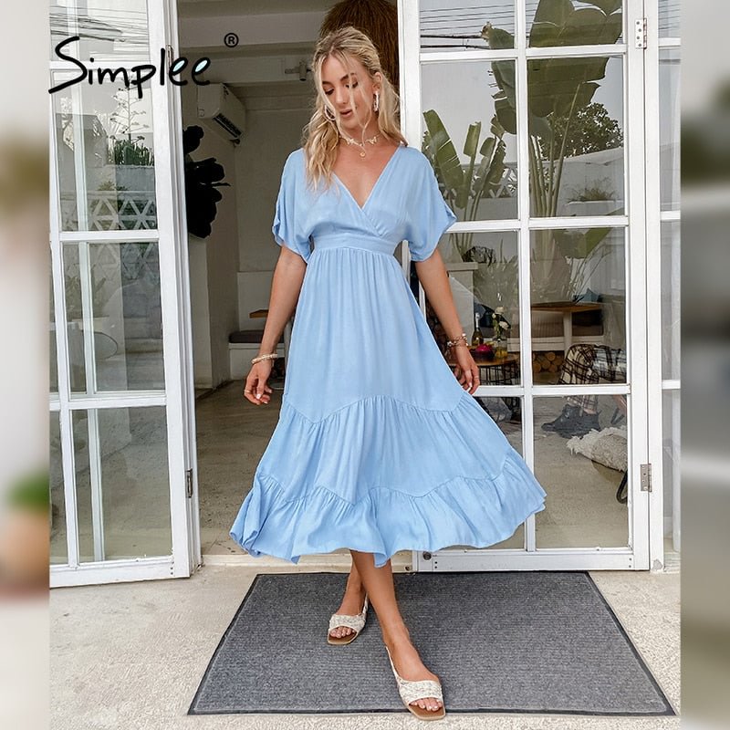Simplee Sexy Blue Deep V-neck Backless Dress Elegant Solid Summer Ruffle Women Dress 2021 Casual Long A-line High Waist Vestidos