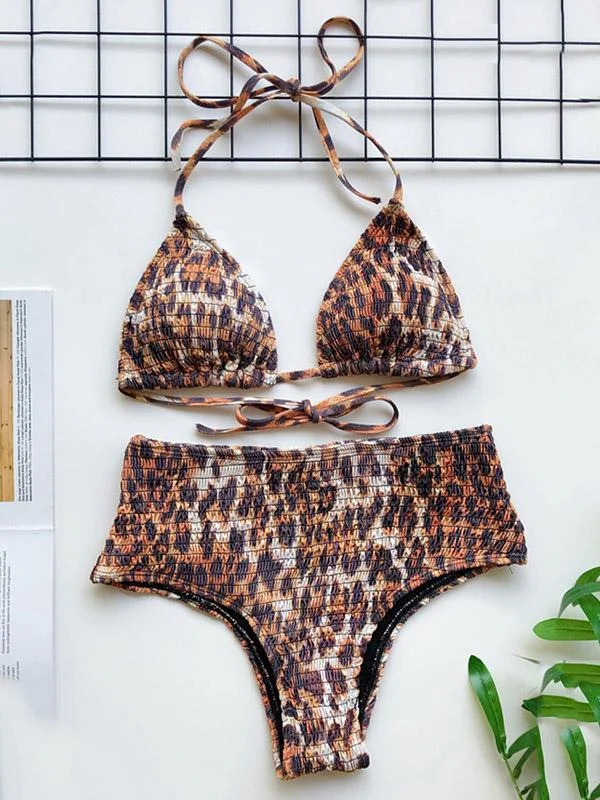 Leopard Print Triangle Bandage  Split Bikini Swimsuit