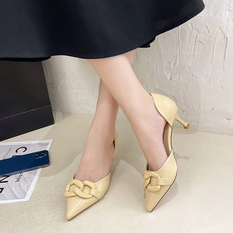 Qengg Women Shoes Luxury Pumps Pointed Toe Chain Pink Office Dress Shoes Summer Thin High Heels Elegant OL Working Shoes