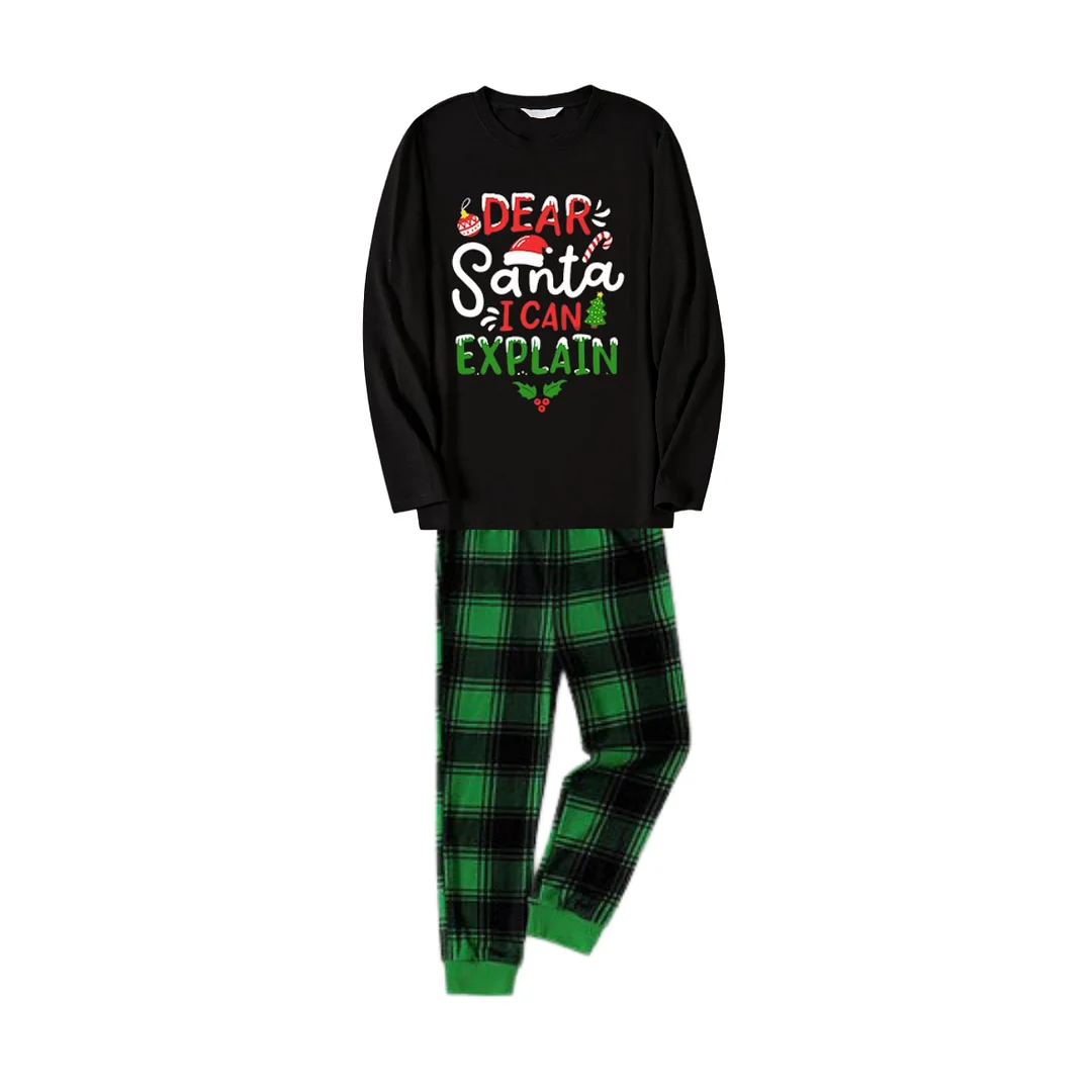 "Dear Santa I can Explain" Slogan Printed Black and Green Plaid Family Matching Pajamas