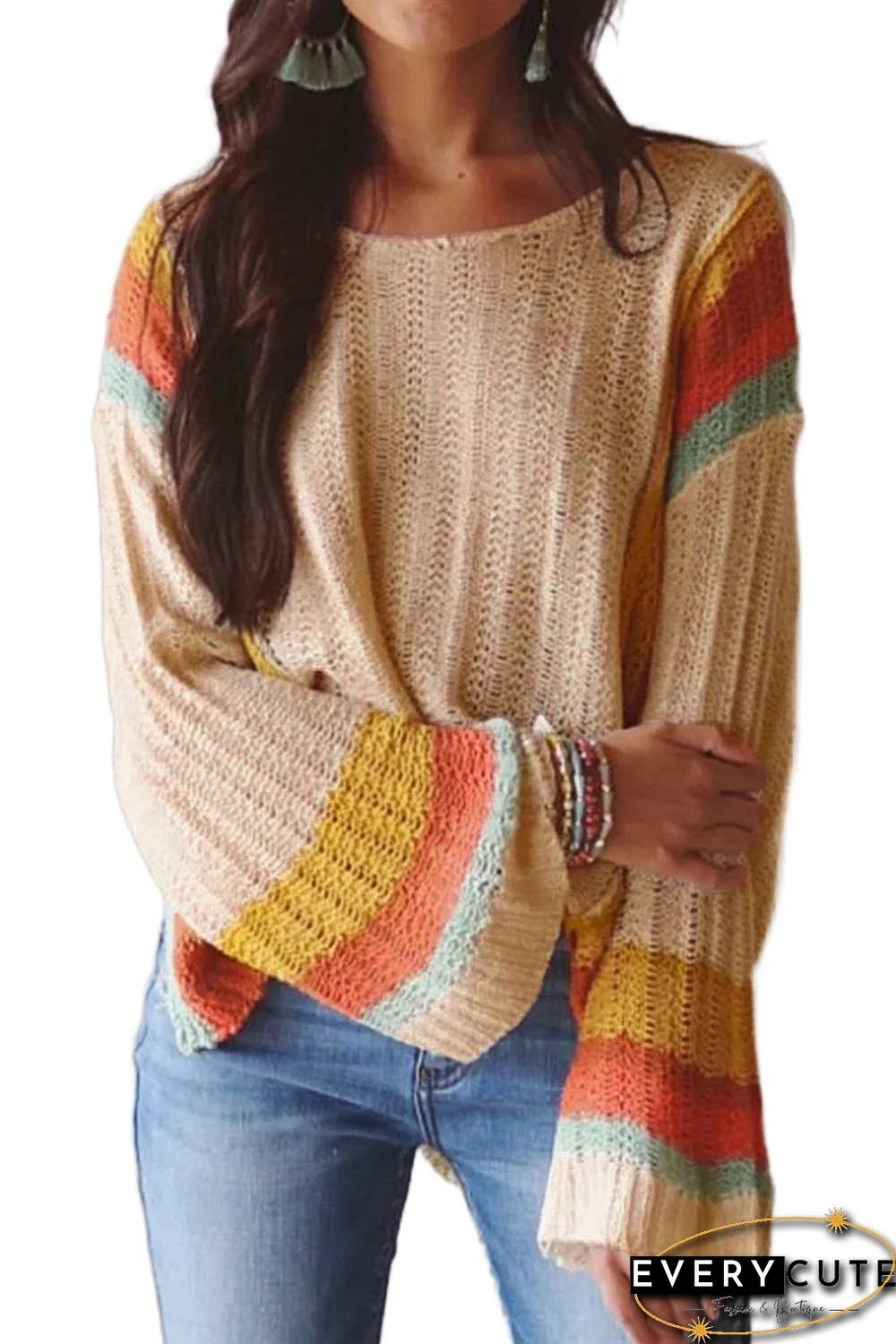 Apricot Colorblock Bell Sleeve Lightweight Sweater