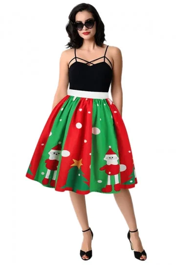 Womens Santa And Christmas Tree Printed Pleated Skirt Green-elleschic