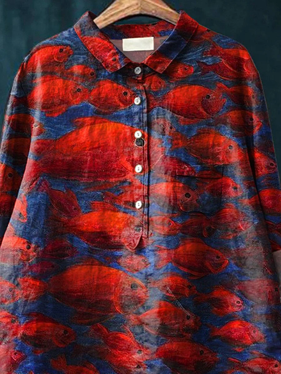Red Tropical Fish Art Printed Women's Casual Cotton And Linen Shirt