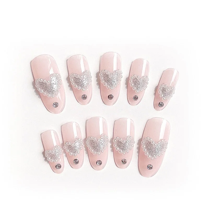Glitter Love Heart False Nails Bling Sequins Rhinestone Pearl Nude Pink Oval Full Cover Fake Nail Wedding Party Acrylic Nails-Nail Inspo