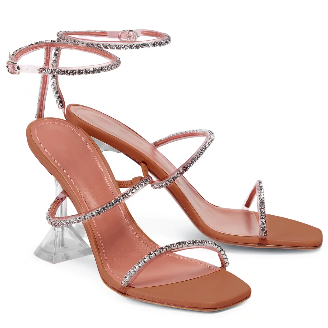 95mm Heeled Sandals for Women Square Toe Two Strap Party Wedding Matte Heels