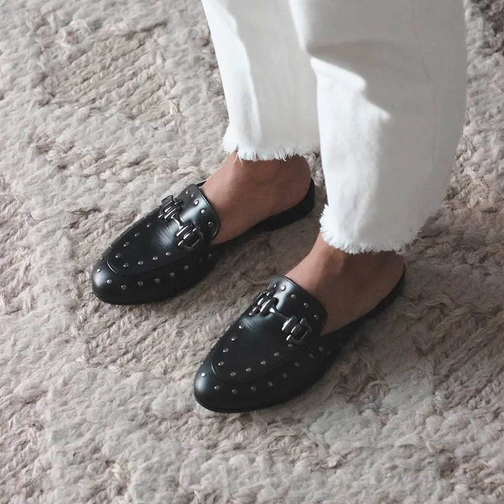 Classic Black Faux Leather Round Toe Silver Studded Mules Shoes