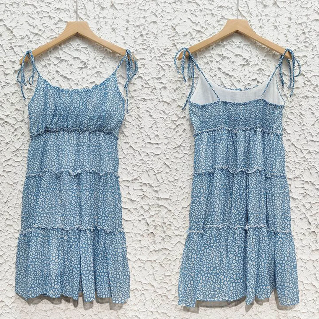 Sexy Chiffon Layer Ruffles Summer Strappy Dress Floral Print Holiday Backless Suspender Mini Dress