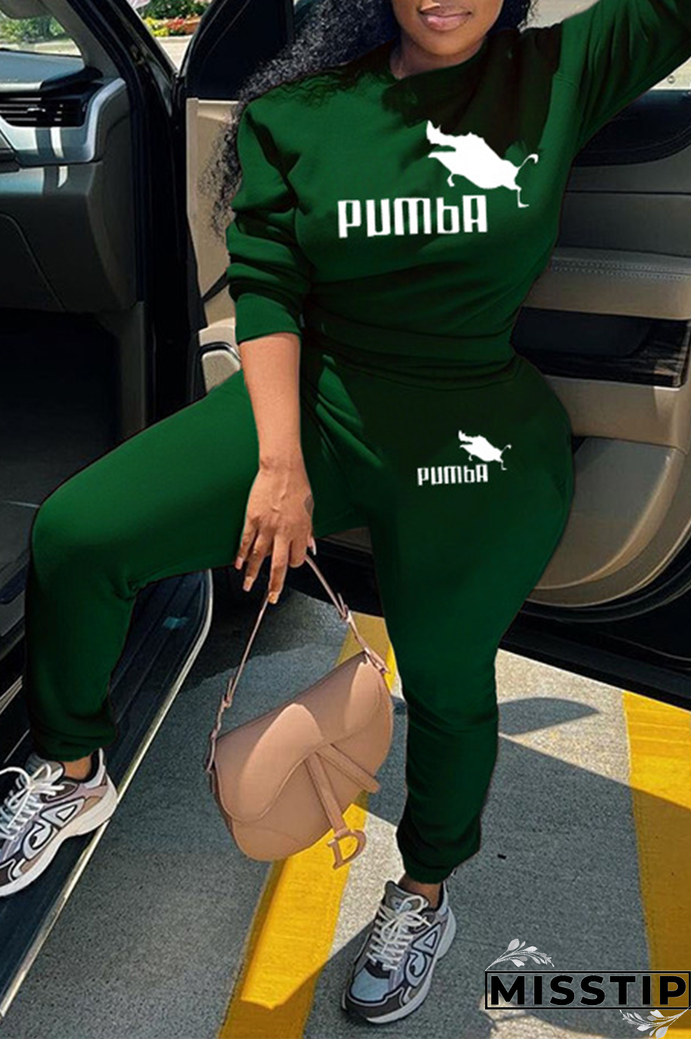 Rose Red Street Print Patchwork O Neck Long Sleeve Two Pieces