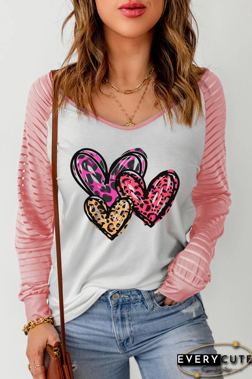Pink Sheer Striped Sleeve Valentine's Day Leopard Heart Print Top
