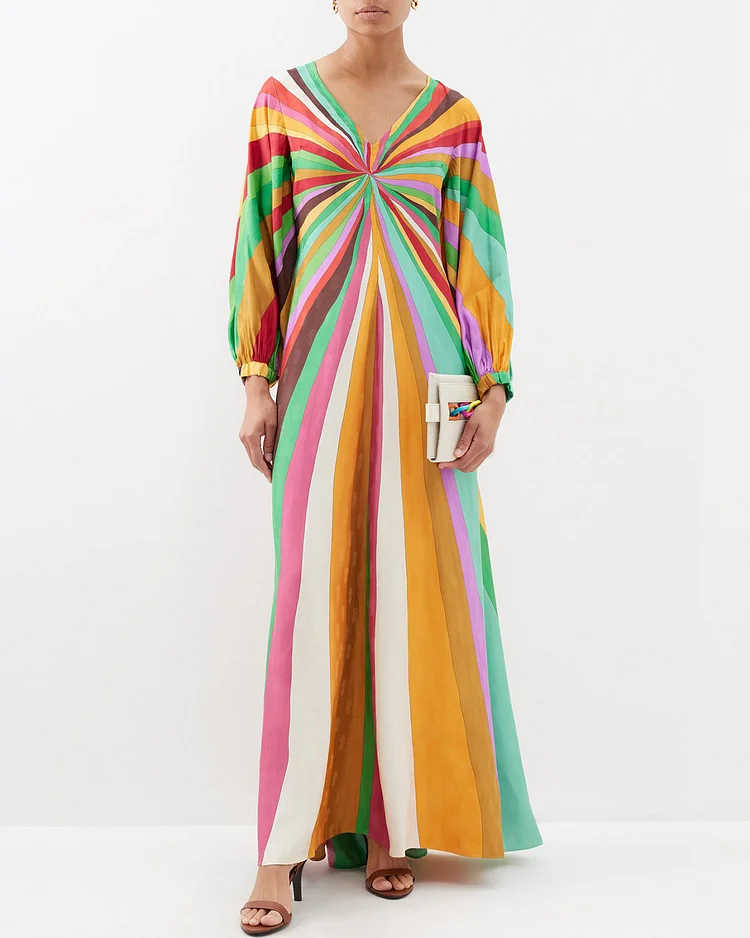  Rainbow-Print Satin Maxi Dress