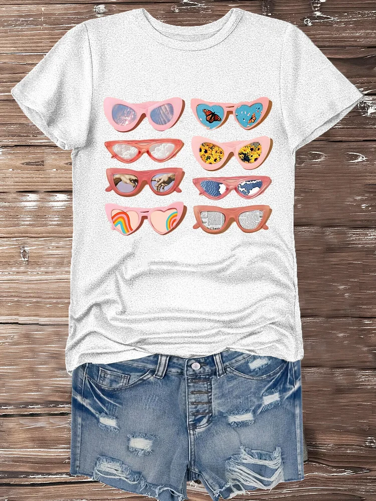 Women's Sunglasses Arrangement Pattern Print Cotton Casual T-Shirt