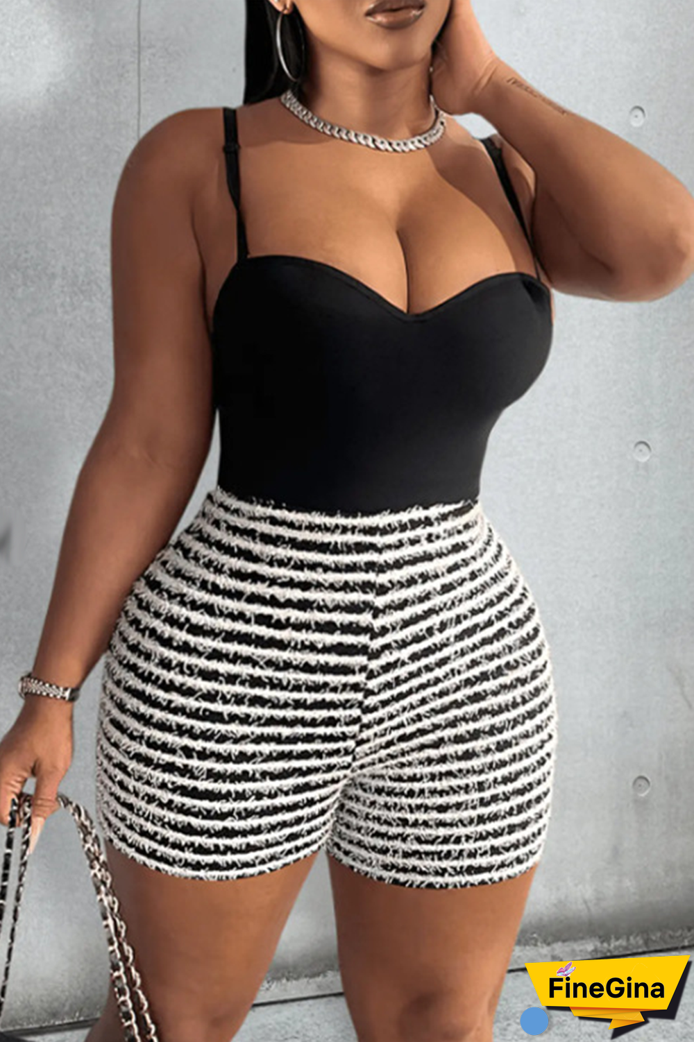 Black Sexy Striped Patchwork Spaghetti Strap Sleeveless Two Pieces