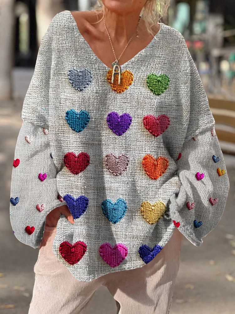 Retro Love Heart Art Print Chic col en V Pull d¨¦contract¨¦ pour femmes
