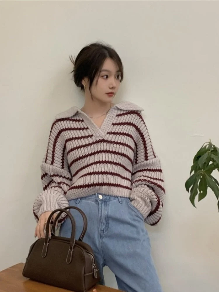Sonicelife Sweater Striped Knit Pullovers Women's Clothing Spring Autumn New Jumpers 2023 Loose Sweaters Short Cropped Top Soft Outifits