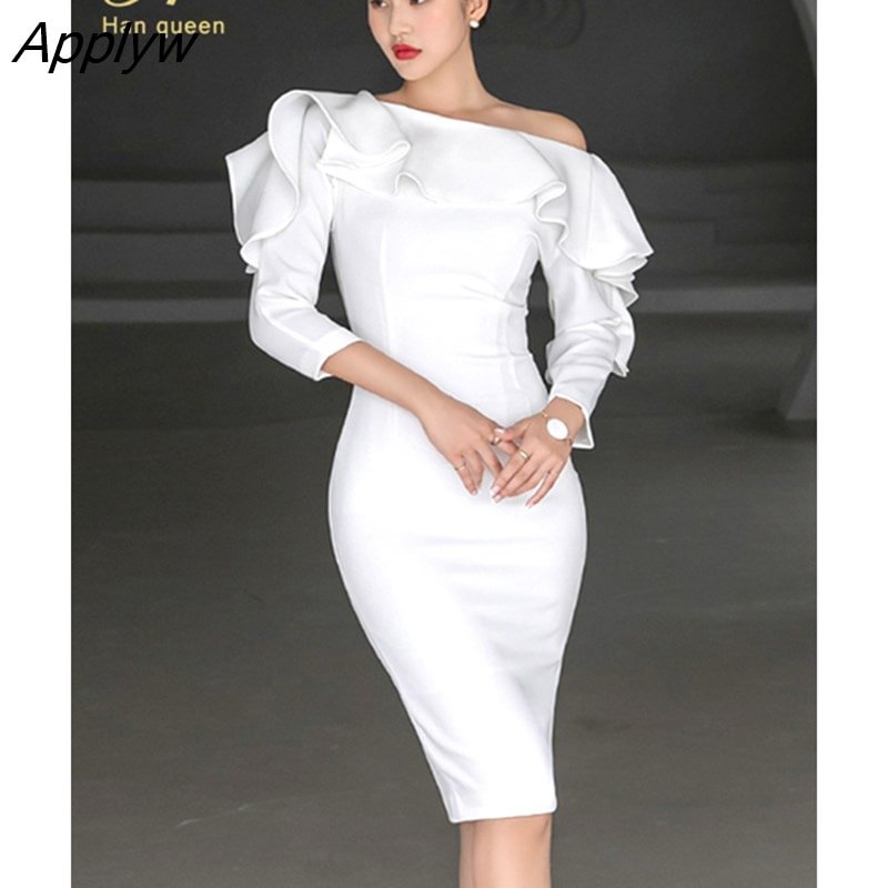 Applyw Han Queen Korean Autumn White Long Sleeve Sheath Pencil Dress Elegant Simple Bodycon Office Vestidos Slim Casual Party Dresses