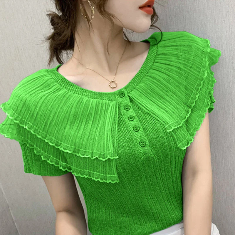 Jangj Lace Patchwork Solid Color Button Short Sleeve Ice Silk Knitted T-shirt Fashion Casual Skinny Summer Women's Clothing