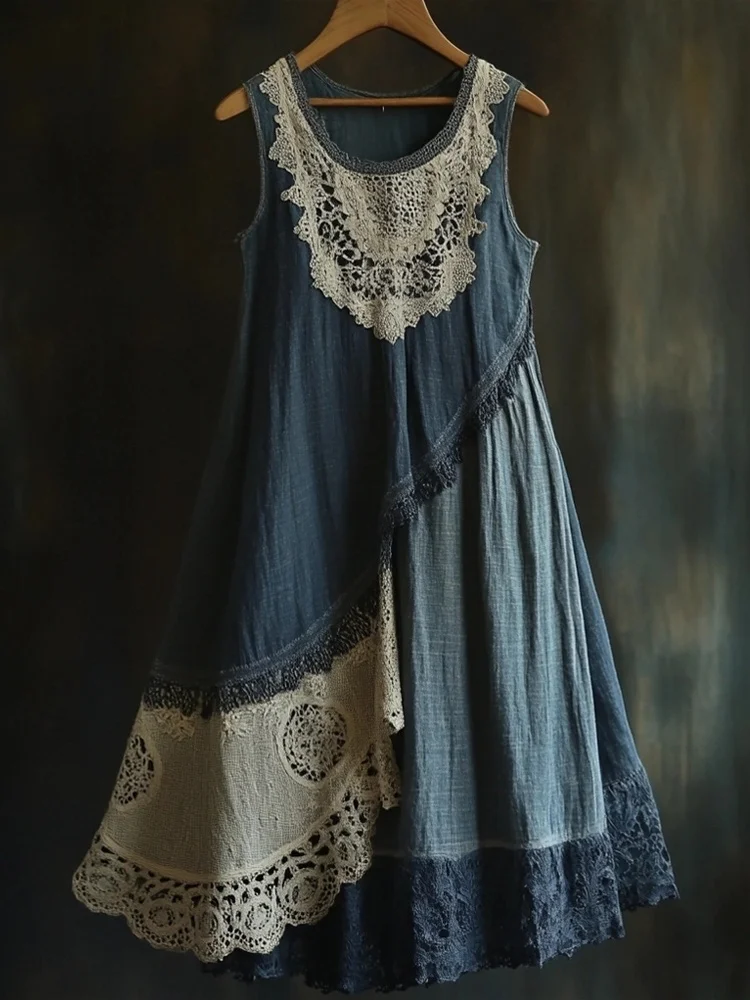 Vintage Lace Patchwork Comfy Linen Tank Dress
