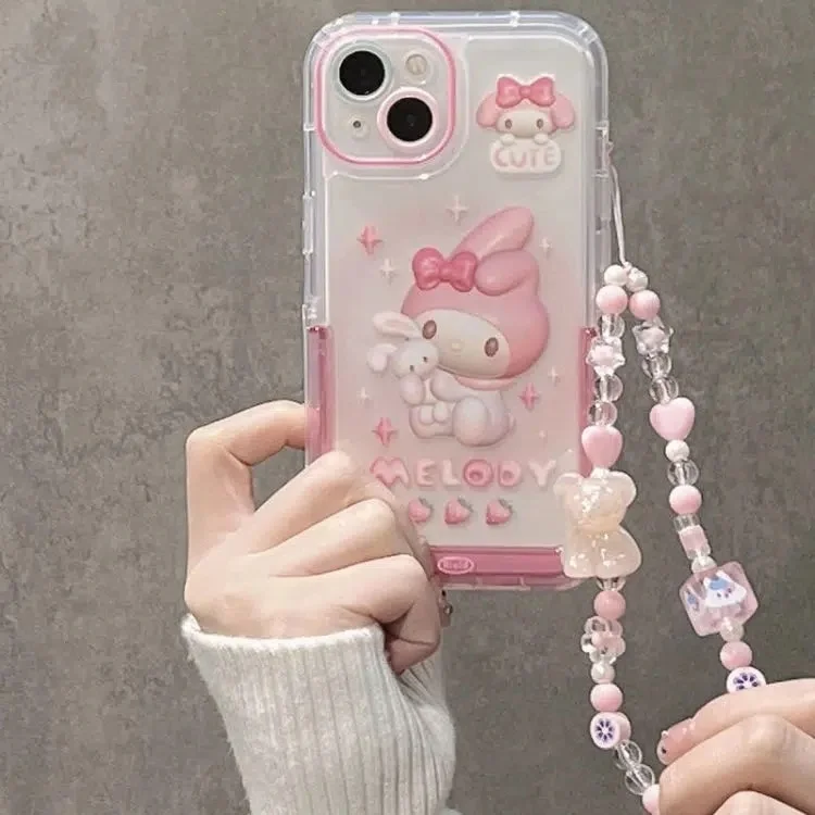 Cute Cartoon Sanrio Hello Kitty MyMelody With Luxury Bracelet Clear Phone Cases For iPhone 15 14 13 12 11 Pro Max Cover Y2k Girl