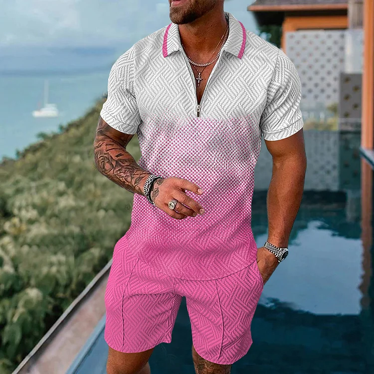 Men's fashion resort print pink gradient polo suit