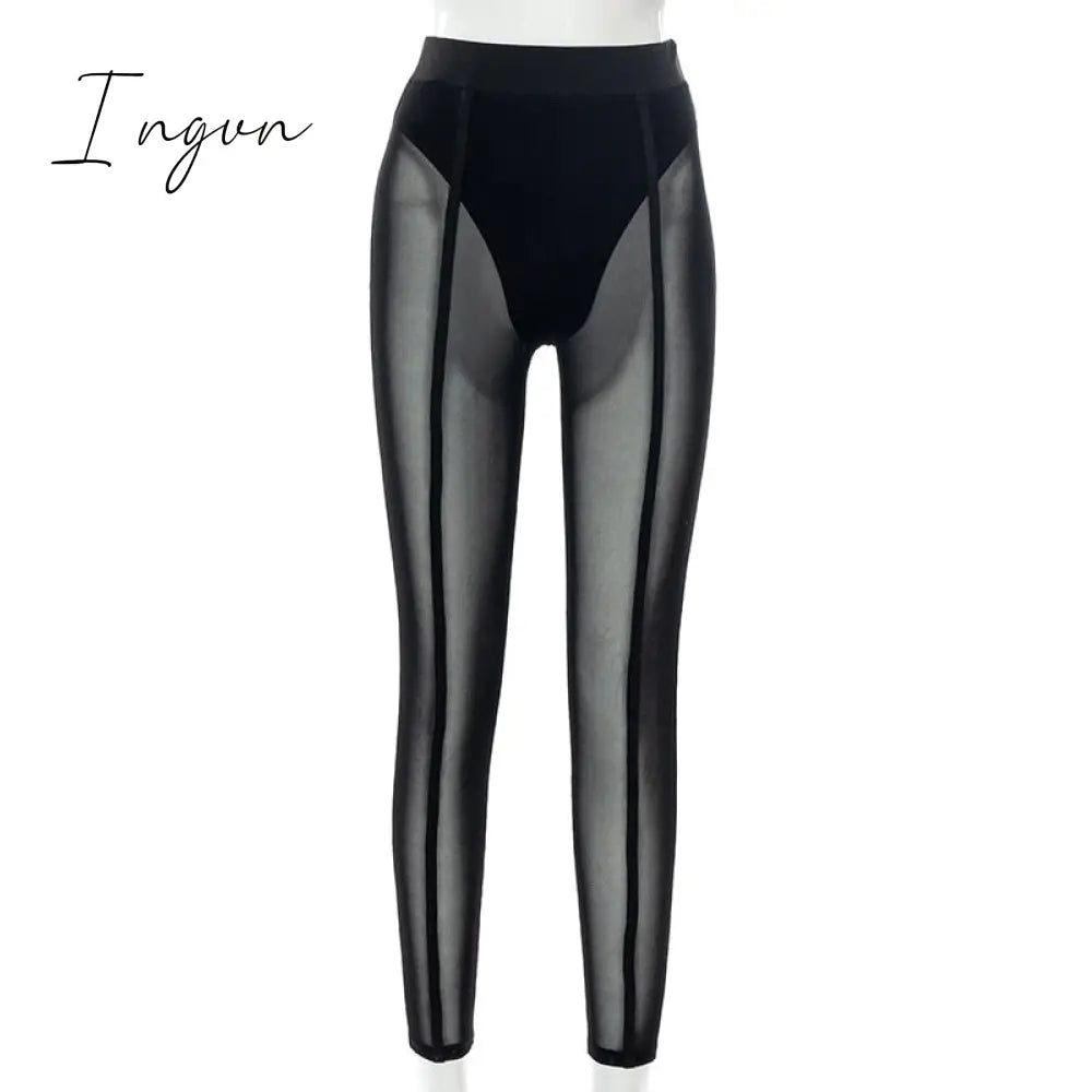 Ingvn - New Sexy See - Through Black High Waist Long Trousers Casual Sweatpants Women Autumn