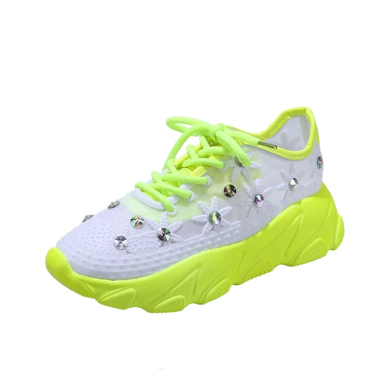 Breathable Air Mesh Crystal Sneakers Women Rhinestones Floral White Casual Shoes Woman Fashion Chunky Platform Trainers