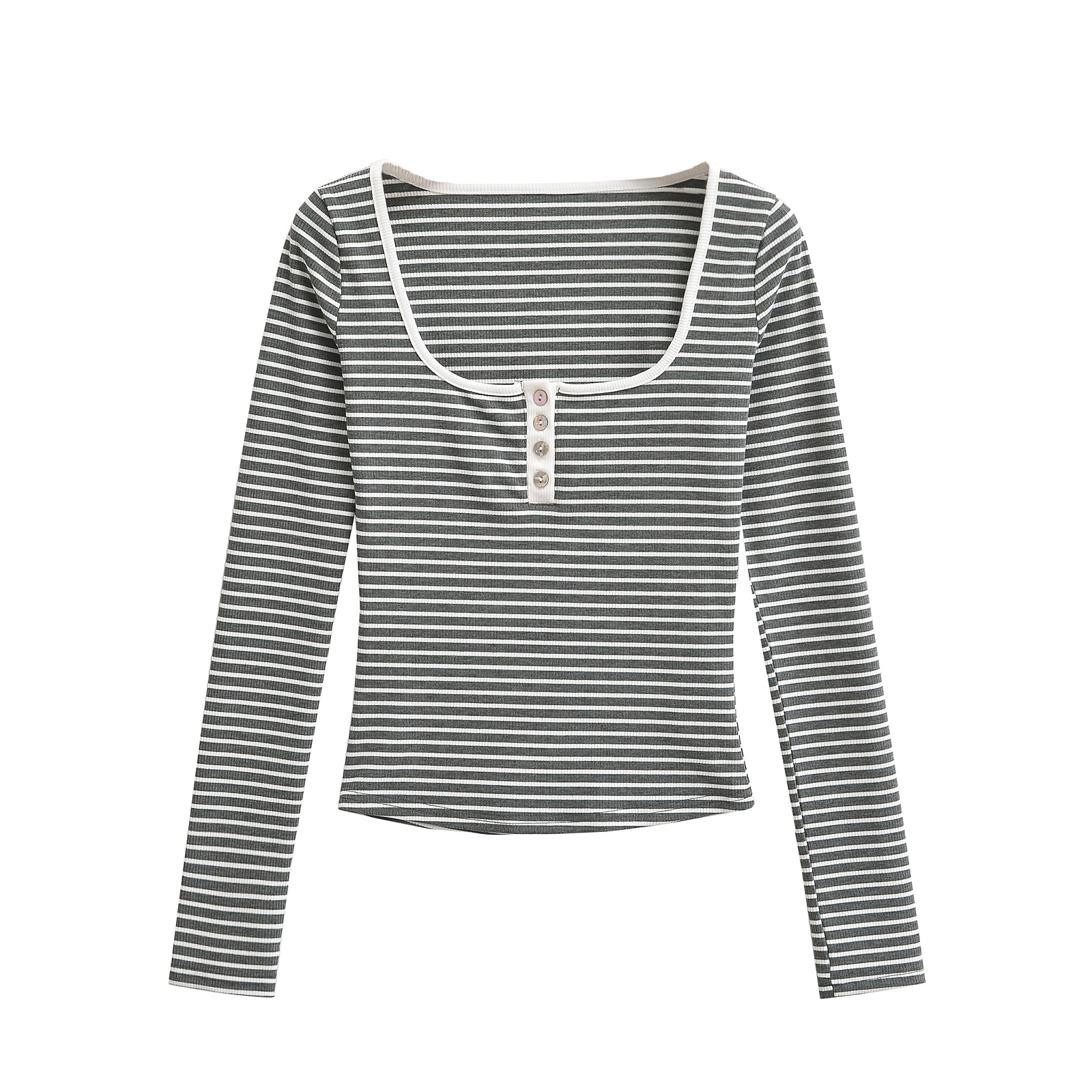 Wimdaily Long Sleeve Top Striped Casual Shirts & Blouses Women Front Button Square Neck Top Sexy Crop Tops For Women Kawaii Fall Clothes