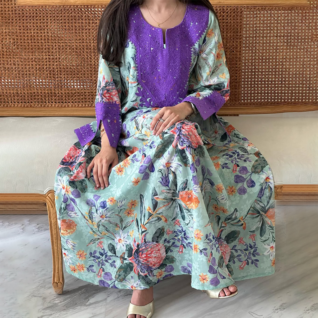 Women's Middle Eastern Floral Print Casual Jalabiyas Dress