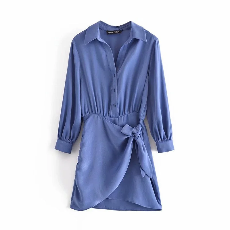 Blue Knots Shirt Dress Mini Long Sleeve Aymmetric Short Robe Chemise Femme Za 2021 Women Spring Fashion Vestidos Cortos Snican