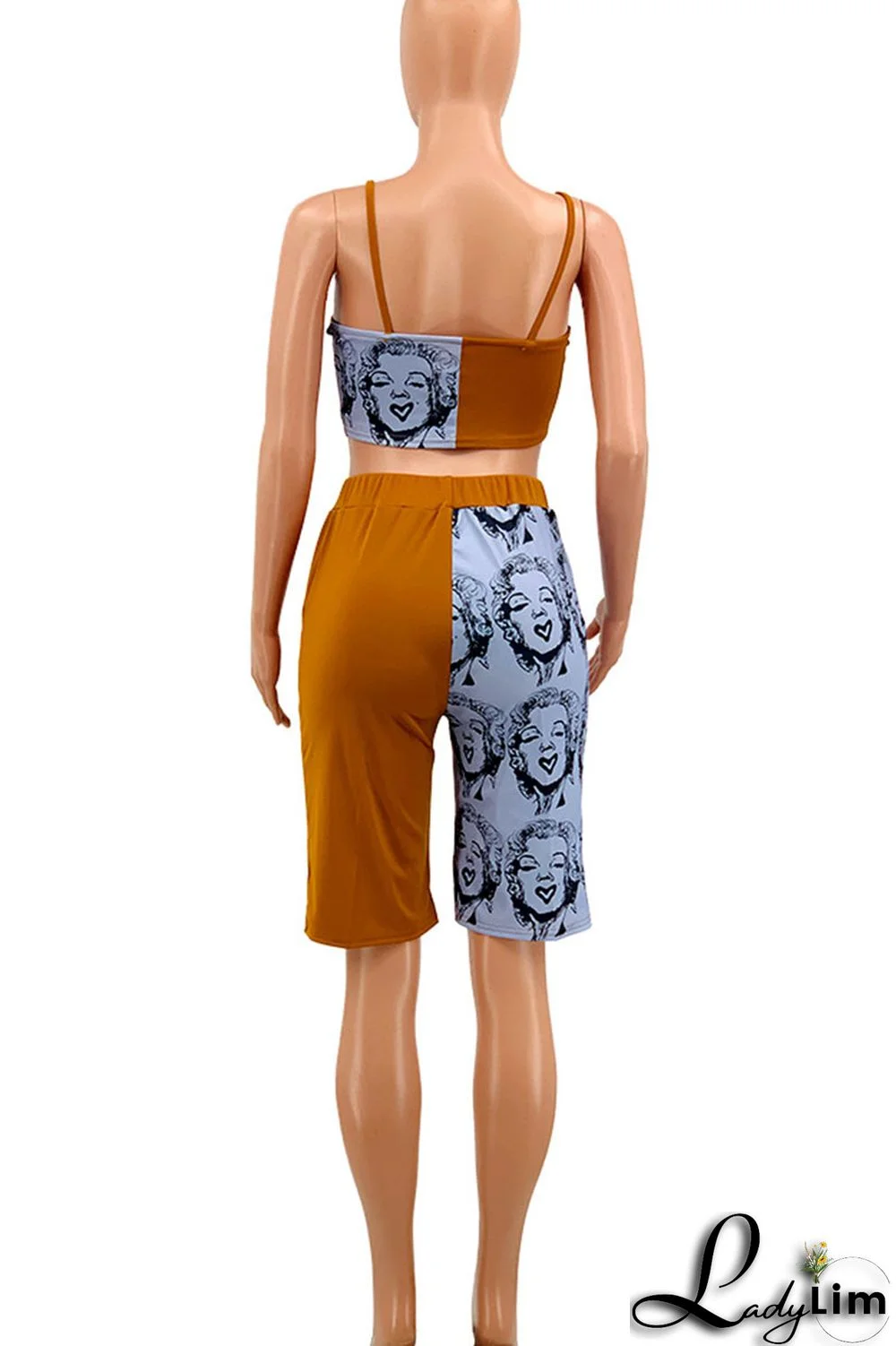 Tangerine Casual Street Print Patchwork Spaghetti Strap Sleeveless Two Pieces