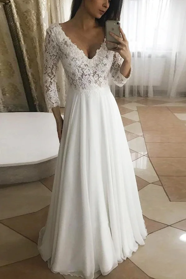Chic Floral V-neck Long Sleeve A-line Wedding Dress With Lace | Ballbellas Ballbellas