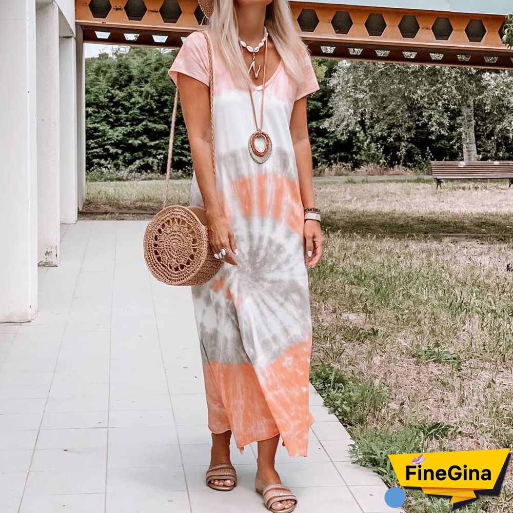 V Neck Soft Tie-Dyed Printed Slit Dress