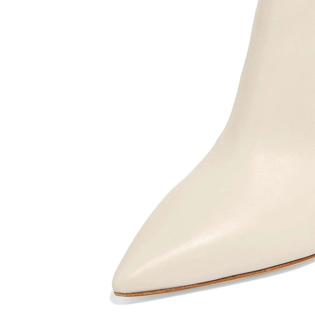 Ivory Vegan Leather Pointed Toe Stiletto High Heel Ankle Boots