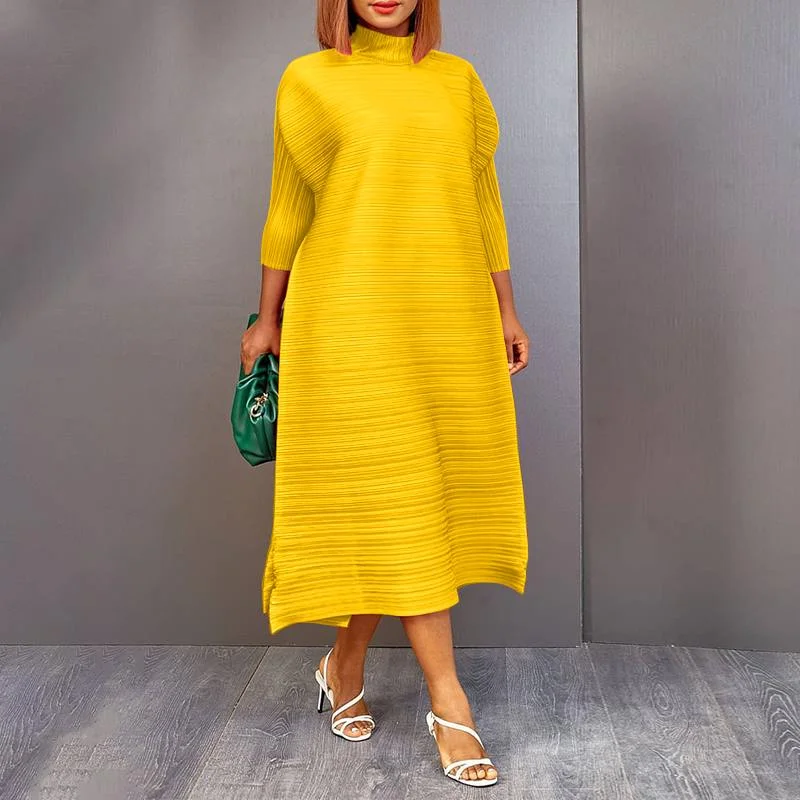 VONDA Casual Dress Women Spring High Neck Office Midi Dress 2022 Ladies Side Slit 3/4 Sleeve Solid Vestido Feminina A-Lined Robe