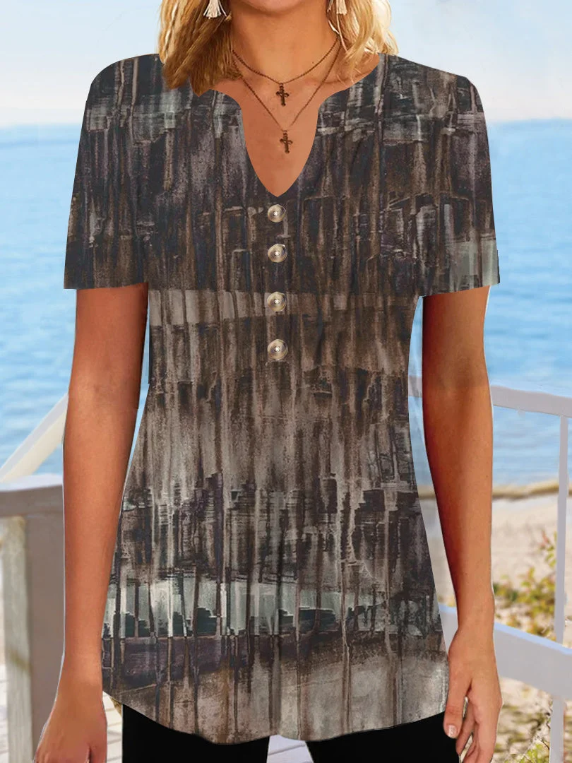Women Short Sleeve V-neck Striped Printed Buttons Tops
