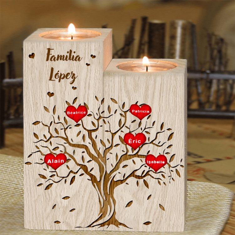 A Familia - candelero de madera sin vela Árbol de la vida Árbol genealógico 5 nombres personalizados con 1 texto