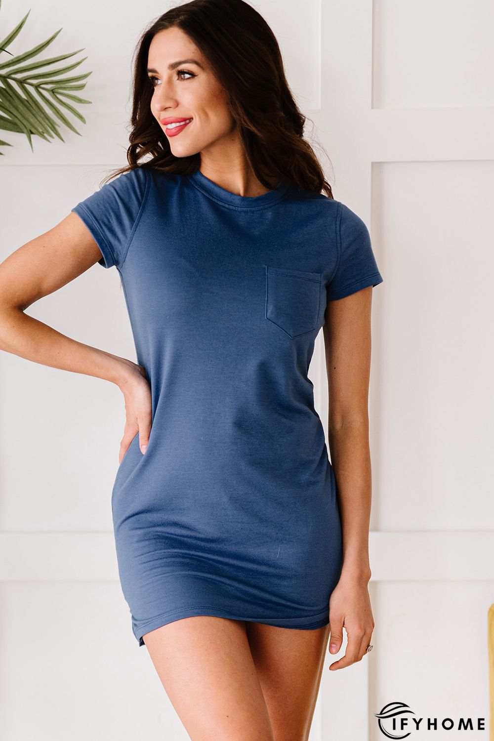 Blue Crew Neck Short Sleeve Pocket Solid Color Casual Mini Dress | IFYHOME