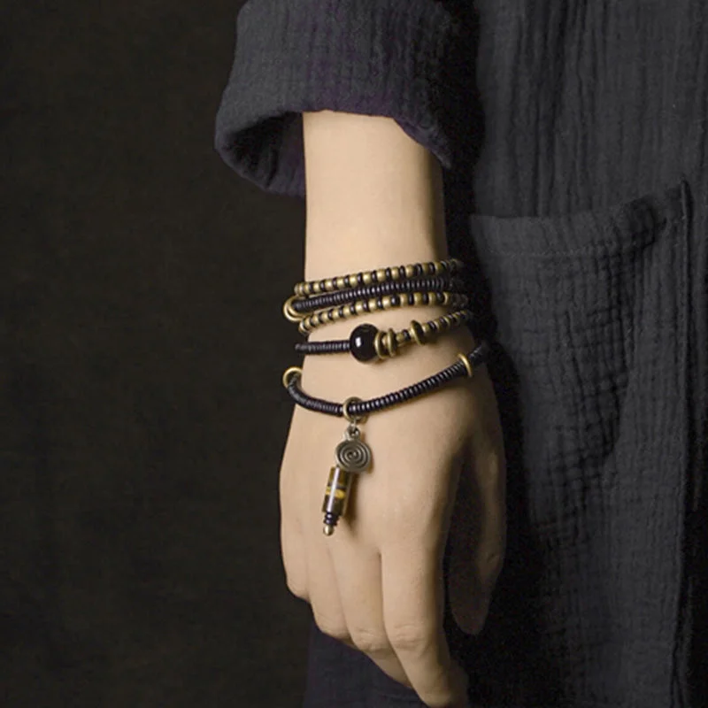 Ebony Wood Dzi Bead Copper Peace Couple Bracelet Necklace Pendant